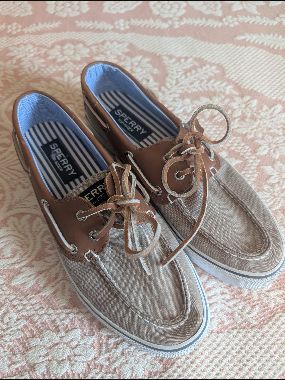 Sperry Women’s Tan Canvas & Brown Leather Boat Shoes
